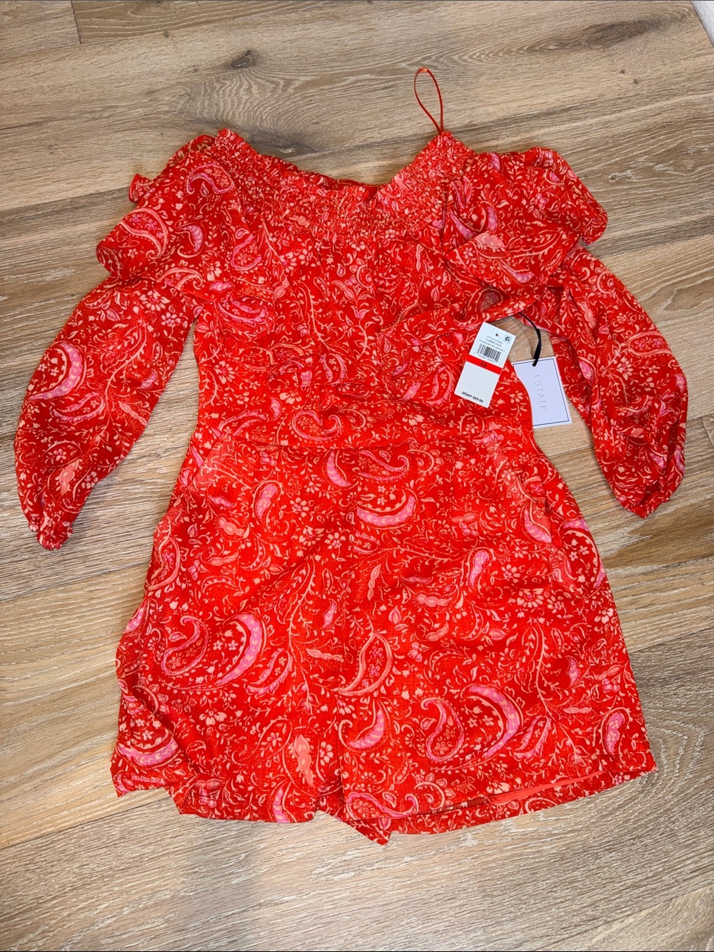 NWT 1.STATE Orange Paisley Off-Shoulder Romper